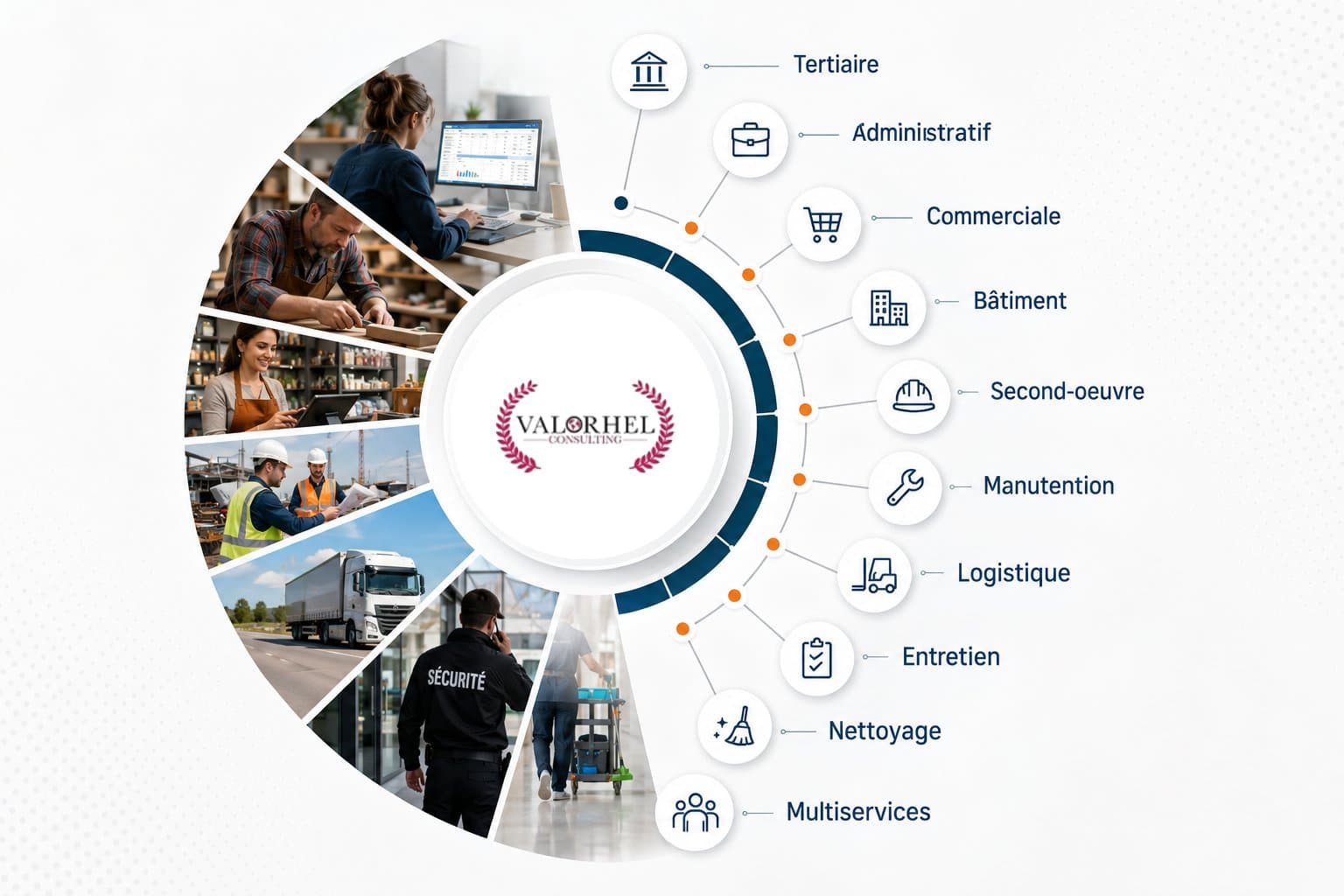 Les secteurs d'activité couverts par Valorhel Consulting : tertiaire, administratif, commerce, bâtiment, logistique, sécurité...